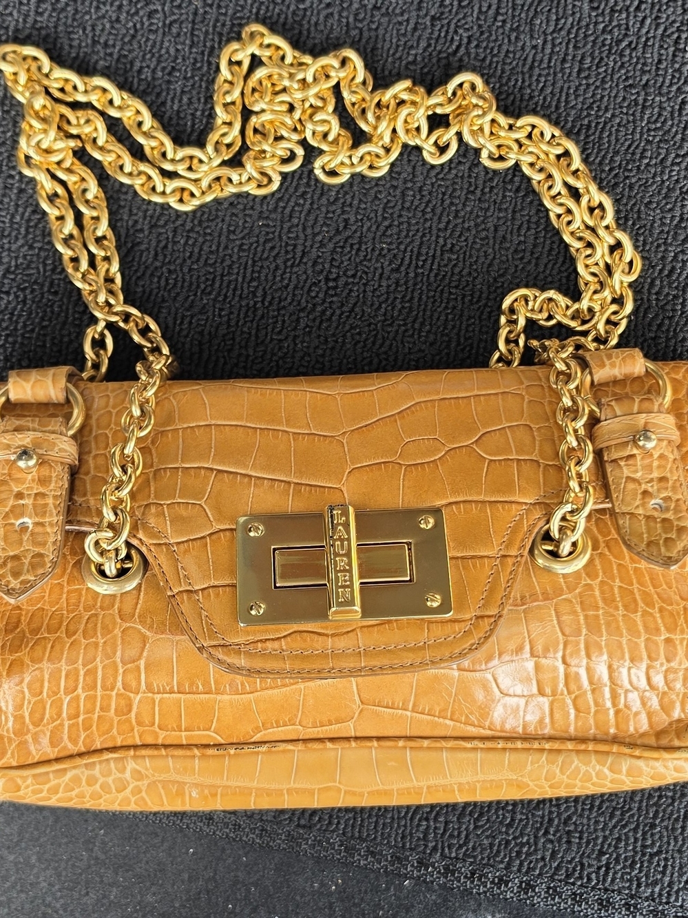 Ralph Lauren Camel Croc-Embossed Chain Shoulder Bag